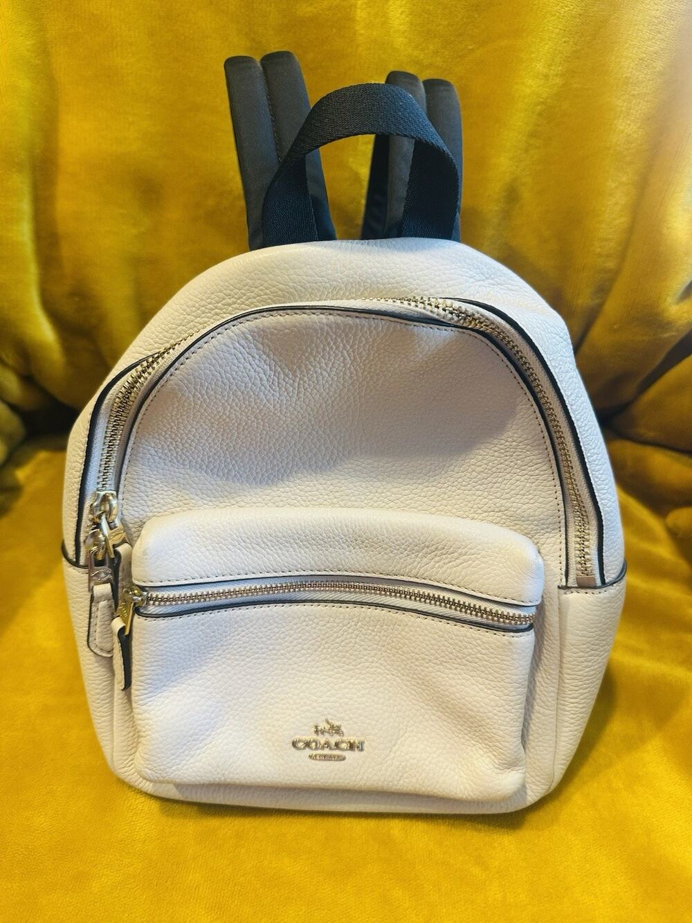 Coach Women's Pebbled Ivory Zip Backpack Gold Hardware Black Straps